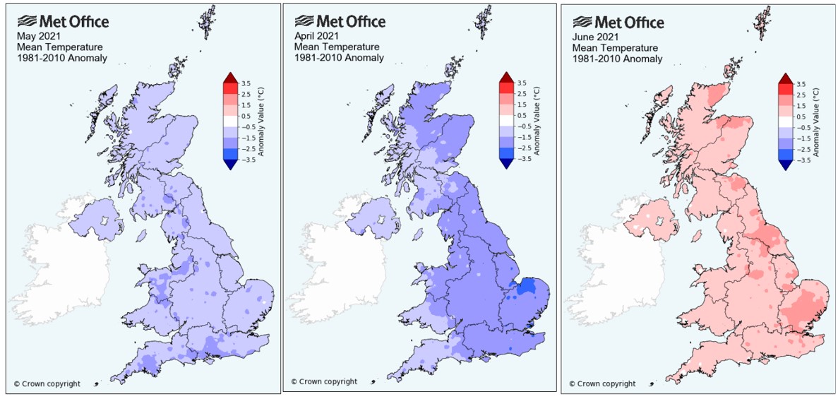 Met Office Temperature Anomaly maps for April to June